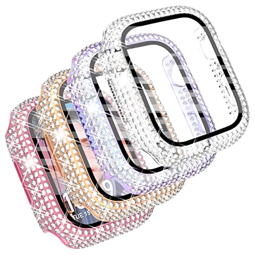 CHANCHY 4-Pack Compatible with Apple Watch Case 44mm Protective Bumper with Screen Protector, 200 Crystal Diamond Bling Cases Cover for Apple Watch SE Series 6 5 4, Rose Gold/Pink/Rainbow/Clear, 44mm - Image 1