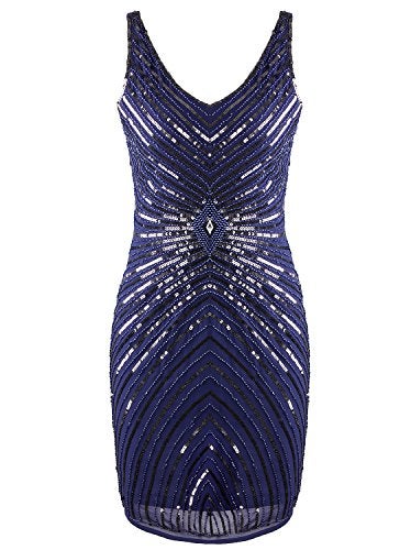 Vijiv Women's 1920s V-Neck Art Deco Sequin Beaded Tank Cocktail Flapper Dress,Navy,Small - Image 1