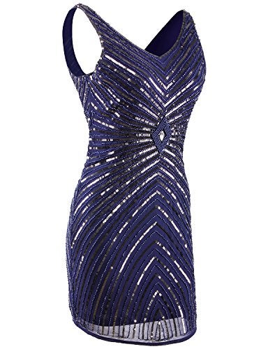 Vijiv Women's 1920s V-Neck Art Deco Sequin Beaded Tank Cocktail Flapper Dress,Navy,Small - Image 2