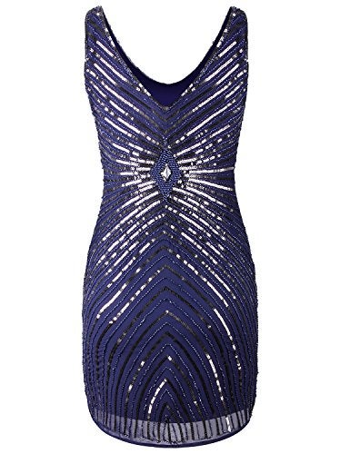 Vijiv Women's 1920s V-Neck Art Deco Sequin Beaded Tank Cocktail Flapper Dress,Navy,Small - Image 3