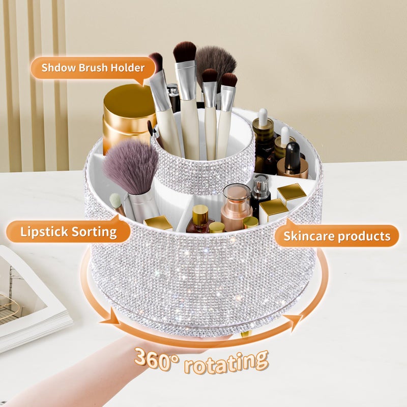 fanado Bling Diamond Makeup Brush Holder, 360Â° Rotating Makeup Organizer, 5 Slot Make up Brushes Cup for Countertop, Storage for Cosmetics Pen Eyeliner Skincare on the Vanity (Diamond white) - Image 2