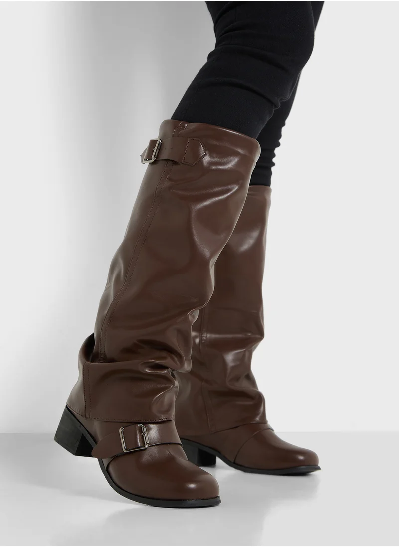 Ginger Slouchy Buckle Detail Knee Length Boots