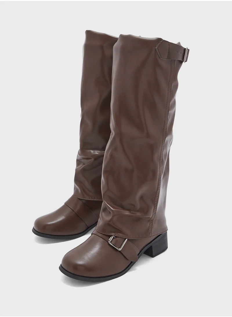 Ginger Slouchy Buckle Detail Knee Length Boots