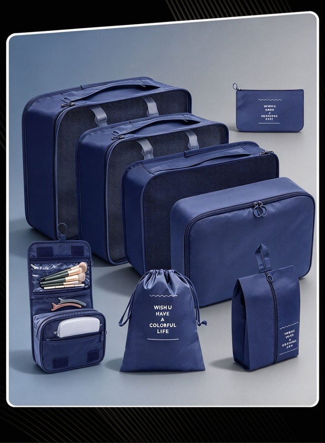 Joychic 8 Piece Travel and Business Trip Packing Cubes for Suitcases Lightweight Trip Essential Saving Space Storage Bag Set with Toiletries Bag for Clothes Shoes Cosmetics Toiletries Navy Blue - Image 1