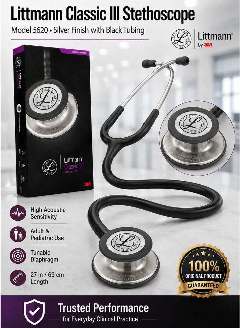 3M Littmann Classic III Monitoring Stethoscope Model 5620, Premium Silver-Finish Stainless Steel Dual-Sided Chestpiece, Black Tubing, Adult and Pediatric Tunable Diaphragms, Soft-Sealing Eartips, Non-Chill Bell Sleeve, 27 Inch / 69 cm - Image 1
