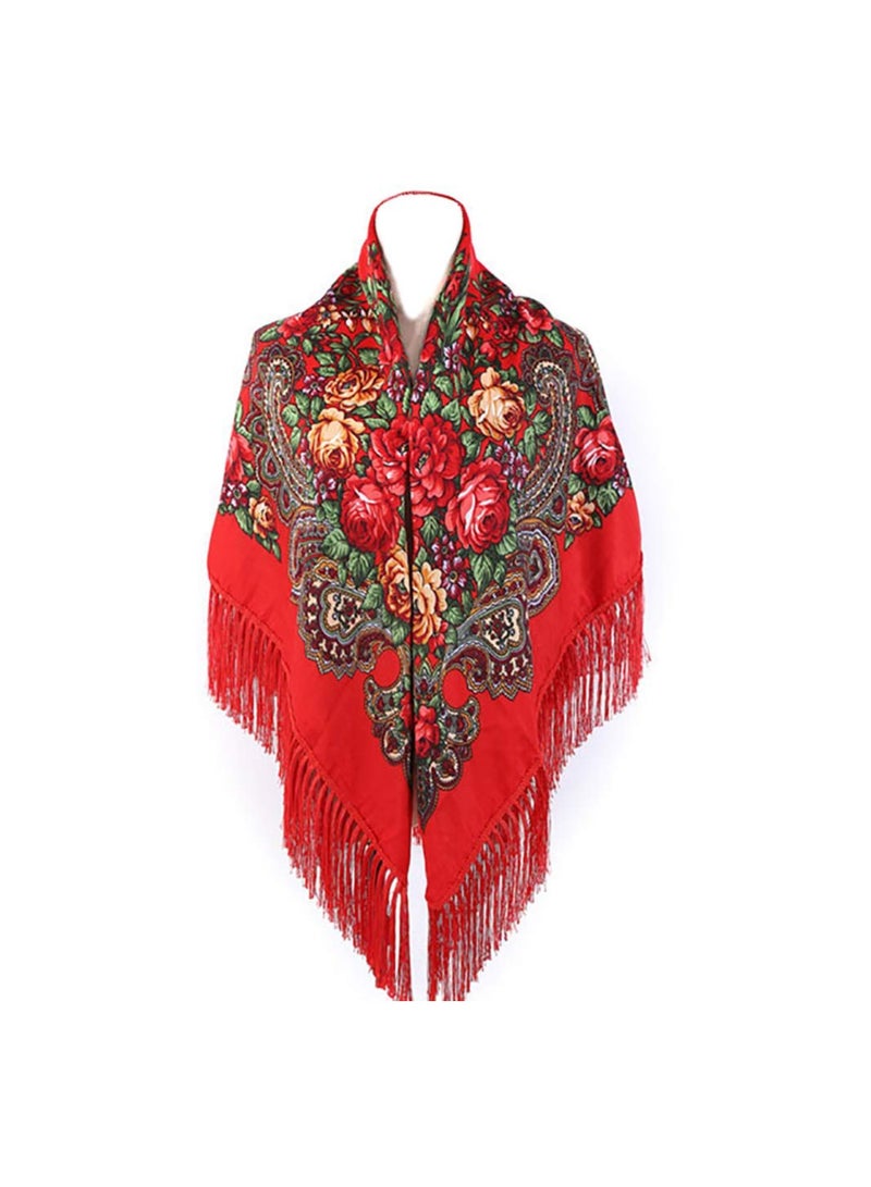 KASTWAVE Women's Traditional Floral Tassel Shawl, Russian Style Muffler Warm Scarf, Retro Scarf Floral Poncho Printing Shawl, Red - Image 1