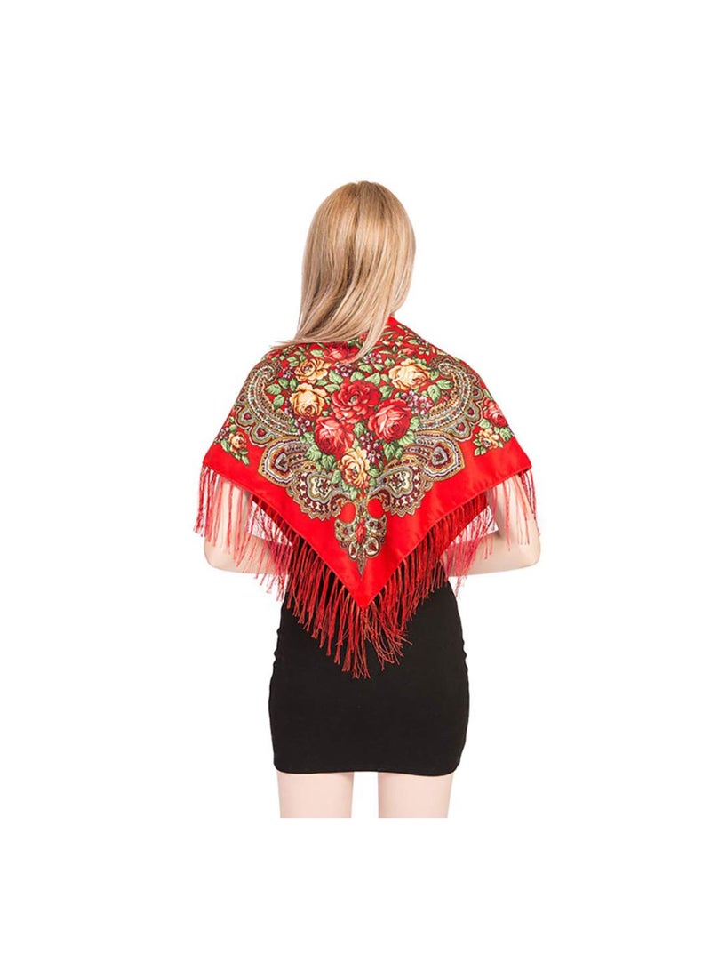 KASTWAVE Women's Traditional Floral Tassel Shawl, Russian Style Muffler Warm Scarf, Retro Scarf Floral Poncho Printing Shawl, Red - Image 2