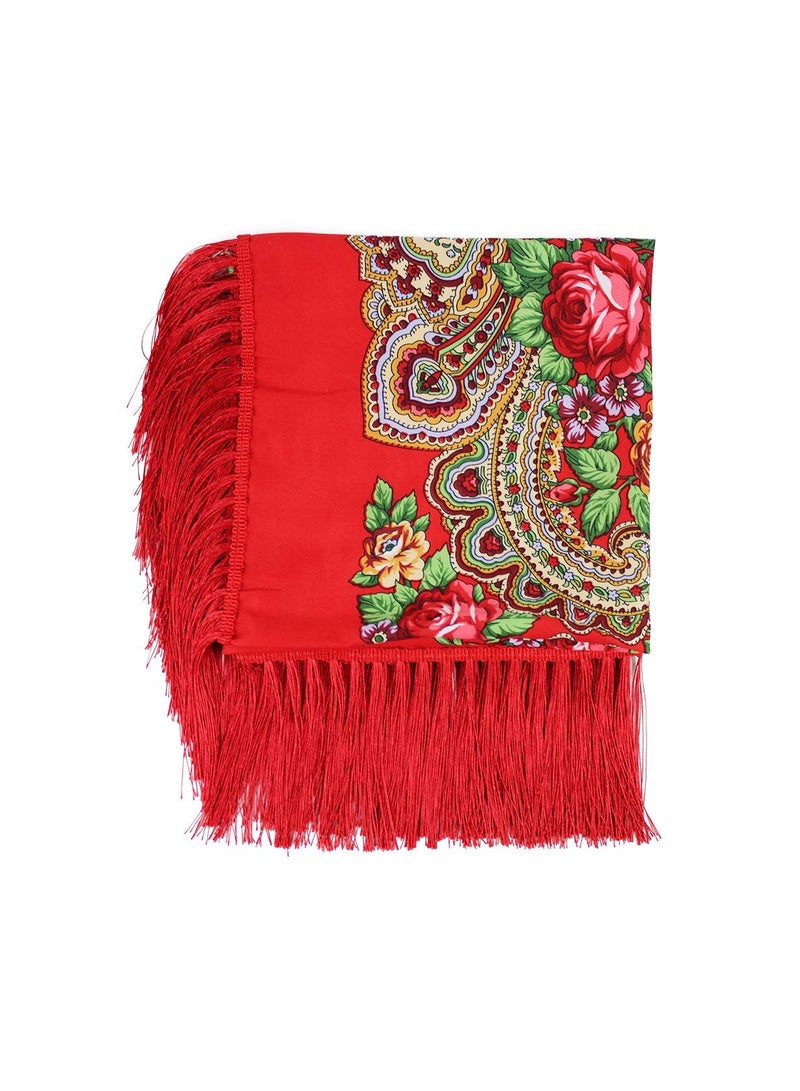 KASTWAVE Women's Traditional Floral Tassel Shawl, Russian Style Muffler Warm Scarf, Retro Scarf Floral Poncho Printing Shawl, Red - Image 3