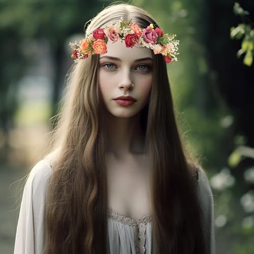 LLinfflr Rose Flower Crown Boho Flower Headband Hair Wreath Floral Halo Headpiece with Ribbon Wedding Party Rosy - Image 2