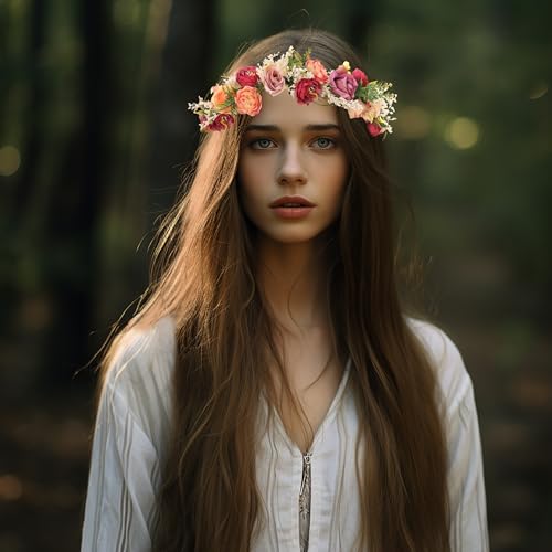 LLinfflr Rose Flower Crown Boho Flower Headband Hair Wreath Floral Halo Headpiece with Ribbon Wedding Party Rosy - Image 4