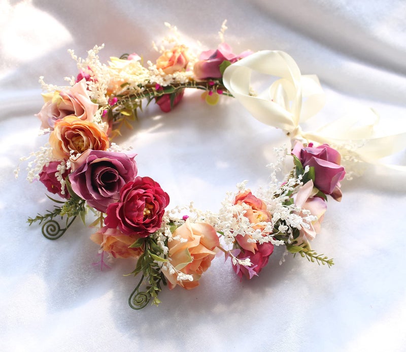 LLinfflr Rose Flower Crown Boho Flower Headband Hair Wreath Floral Halo Headpiece with Ribbon Wedding Party Rosy - Image 3