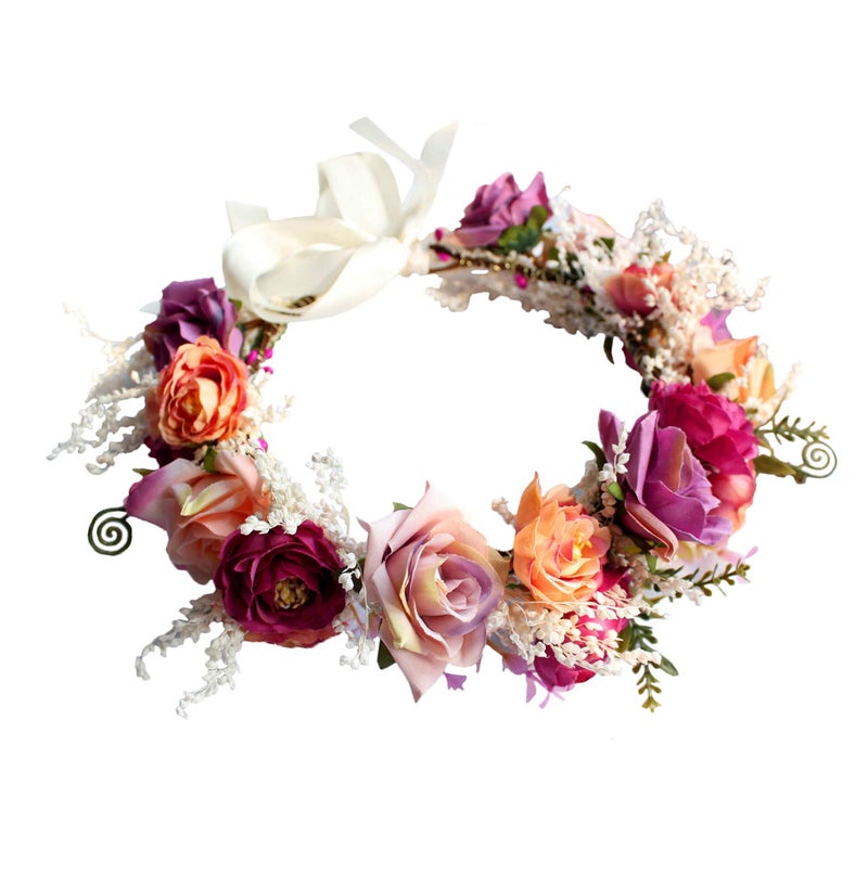 LLinfflr Rose Flower Crown Boho Flower Headband Hair Wreath Floral Halo Headpiece with Ribbon Wedding Party Rosy - Image 1