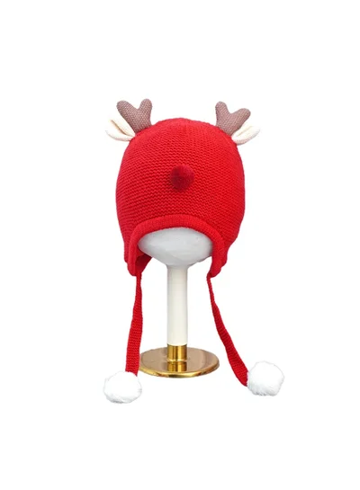 LITTLE SURPRISE BOX Red Baby Antler Knitted Soft Woolen Winter Cap With Tie Up 6-18 Months