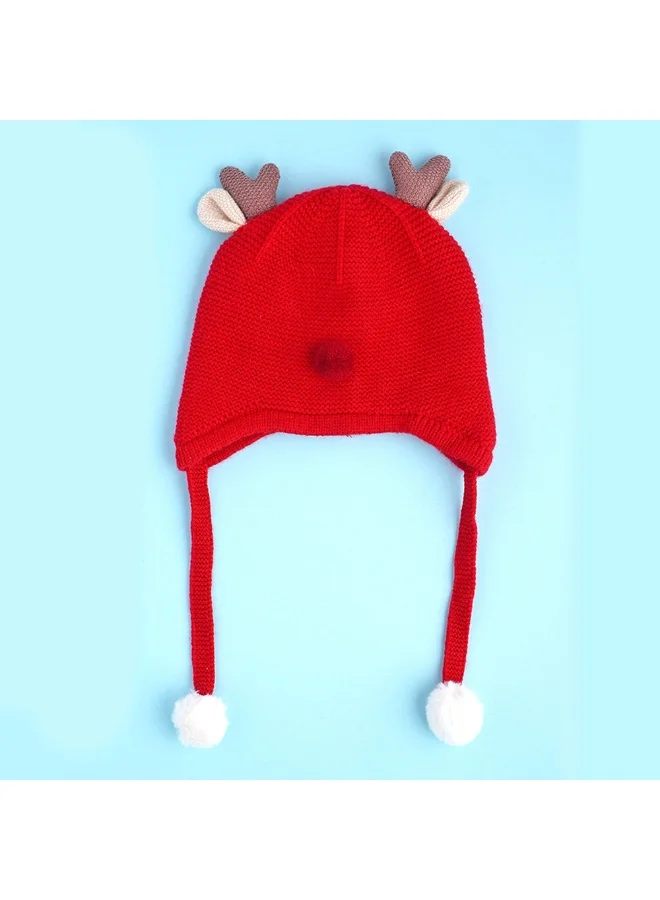 LITTLE SURPRISE BOX Red Baby Antler Knitted Soft Woolen Winter Cap With Tie Up 6-18 Months