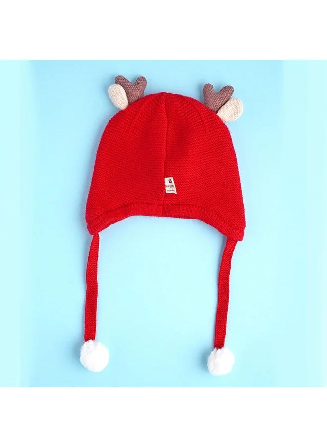 LITTLE SURPRISE BOX Red Baby Antler Knitted Soft Woolen Winter Cap With Tie Up 6-18 Months