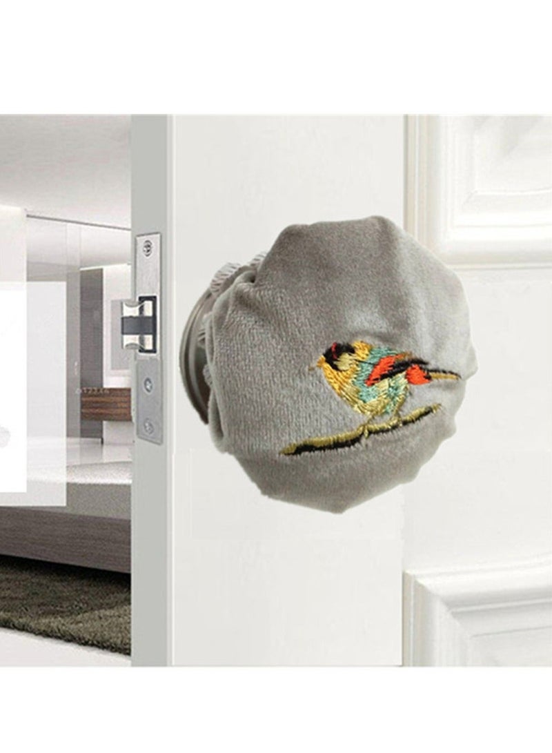 شو وو Door Handle Covers, 2Pcs Grey Knob Covers with Bird Embroidered, Anti-Static Safety Protector, Soft Velvet Wall Decorative Cushion Not to Dent Applicances - Image 1