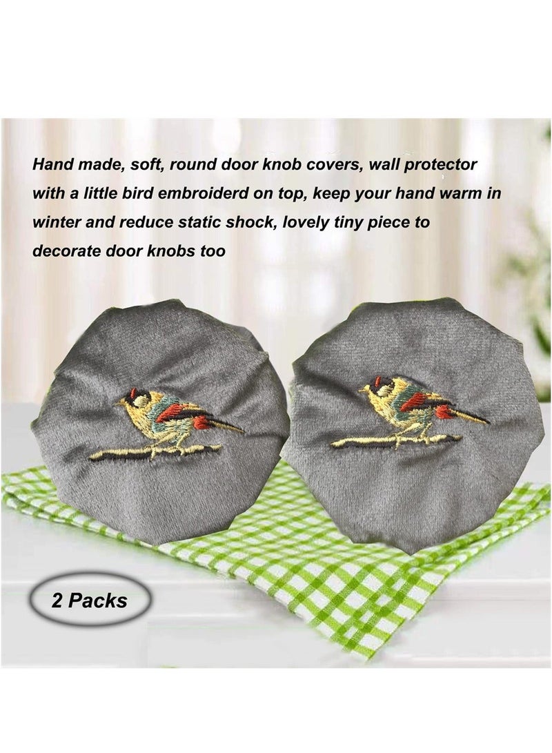شو وو Door Handle Covers, 2Pcs Grey Knob Covers with Bird Embroidered, Anti-Static Safety Protector, Soft Velvet Wall Decorative Cushion Not to Dent Applicances - Image 2