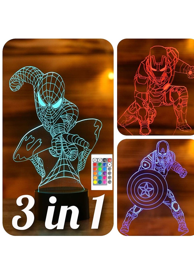 الثقة كي - مصابيح ليلية 3 في 1-3D للأطفال 7 ألوان - مصباح وهمي LED ثلاثي الأبعاد مع جهاز تحكم عن بعد - مصباح طاولة لغرفة النوم - سبايدرمان - كابتن أمريكا - أيرون مان - - Image 1