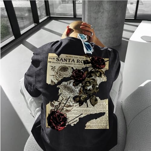 Lubpow Mens Acid Wash Tshirt Oversized Vintage Graphic T-Shirts Cool Grunge Rose Floral Shirt Trendy Y2K Streetwear Tee Tops(Black,2XL) - Image 5