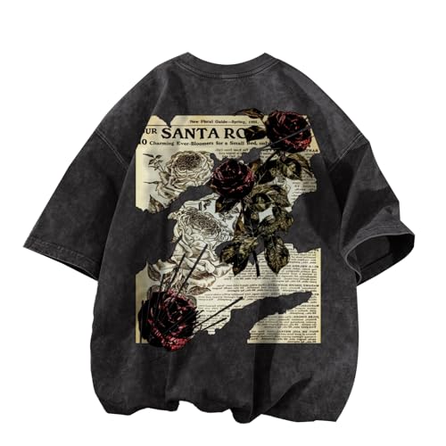 Lubpow Mens Acid Wash Tshirt Oversized Vintage Graphic T-Shirts Cool Grunge Rose Floral Shirt Trendy Y2K Streetwear Tee Tops(Black,2XL) - Image 1