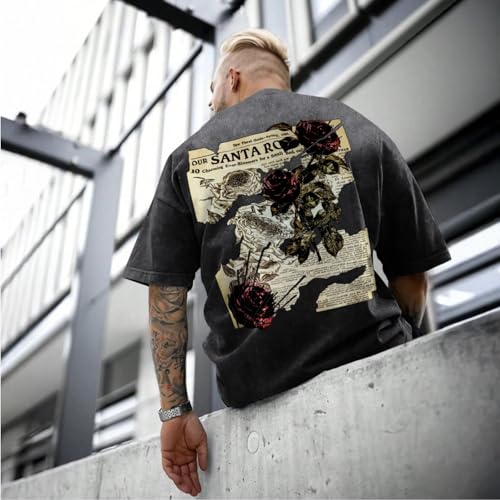 Lubpow Mens Acid Wash Tshirt Oversized Vintage Graphic T-Shirts Cool Grunge Rose Floral Shirt Trendy Y2K Streetwear Tee Tops(Black,2XL) - Image 3