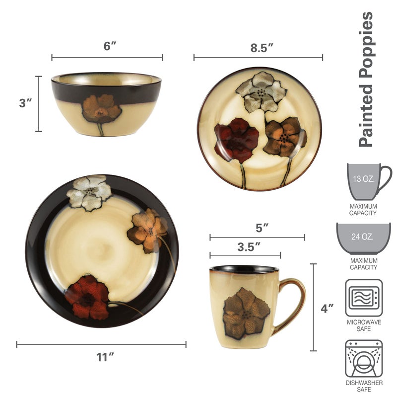 Pfaltzgraff Painted Poppies 16-Piece Dinnerware Set, Service for 4, Colorful Floral Stoneware Plates, Bowls, and Mugs, Microwave and Dishwasher Safe - Image 2