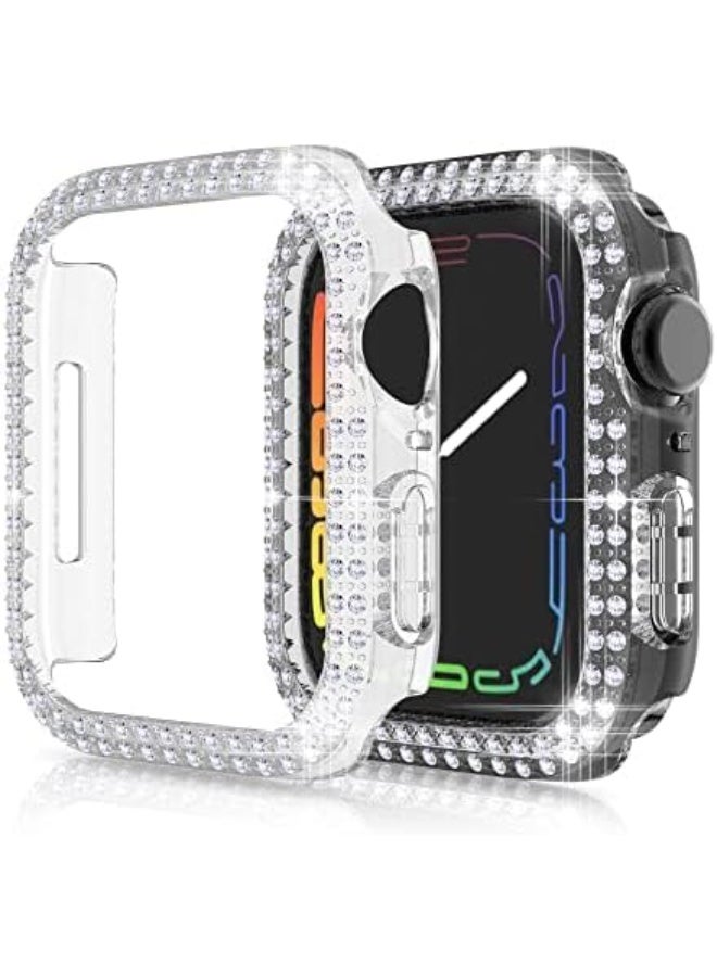 Protector Case Compatible with Apple Watch Series 7 45mm Cover, Double Row Bling Crystal Diamonds Protective Cover PC Plated Bumper Frame Accessories (Clear, 45mm) - Image 1