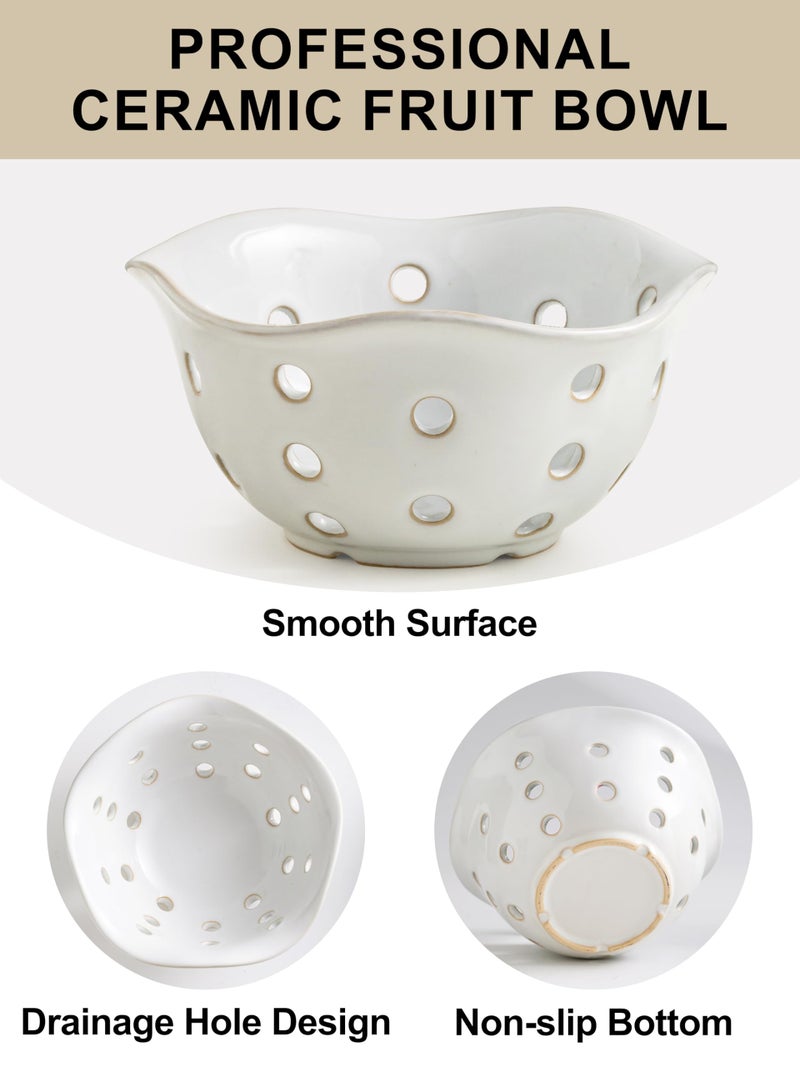 Gomakren Fruit Basket Set of 2, Ceramic Fruit Bowl Berry Basket with Holes, 7.6 Inch Fruit Containers Colander for Fridge - Farmhouse Kitchen Decor, White - Image 4