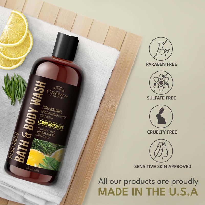 The Crown Choice Natural Body Wash for Women, Men & Kids - Organic Lemon Rosemary - 12oz pH 5.5-Best pH Balance-Liquid Soap for All Skin Types-Moisturizing Sulfate & Chemical Free Shower / Bath Liquid Gel (1 PK) - Image 4