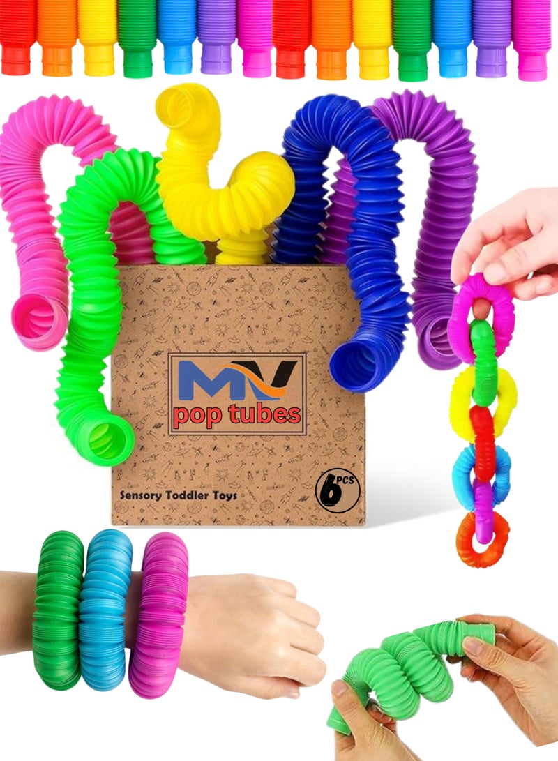 MAGIC VAULT 6 Pack Pop Tubes, Pop Tube Sensory Fidget Toy, Fine Motor Skills & Learning Toddler Toy, Stress Relief, Fun Pop Tubes, for Toddlers, Gift for Kids, Classroom Exchange Prizes - Image 1