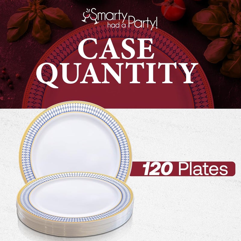 Smarty Had A Party 120 White with Blue and Gold Chord Rim 75 Plastic Appetizer Salad Plates Gold Rimmed Dessert Plates for Party and Wedding Use - Image 5