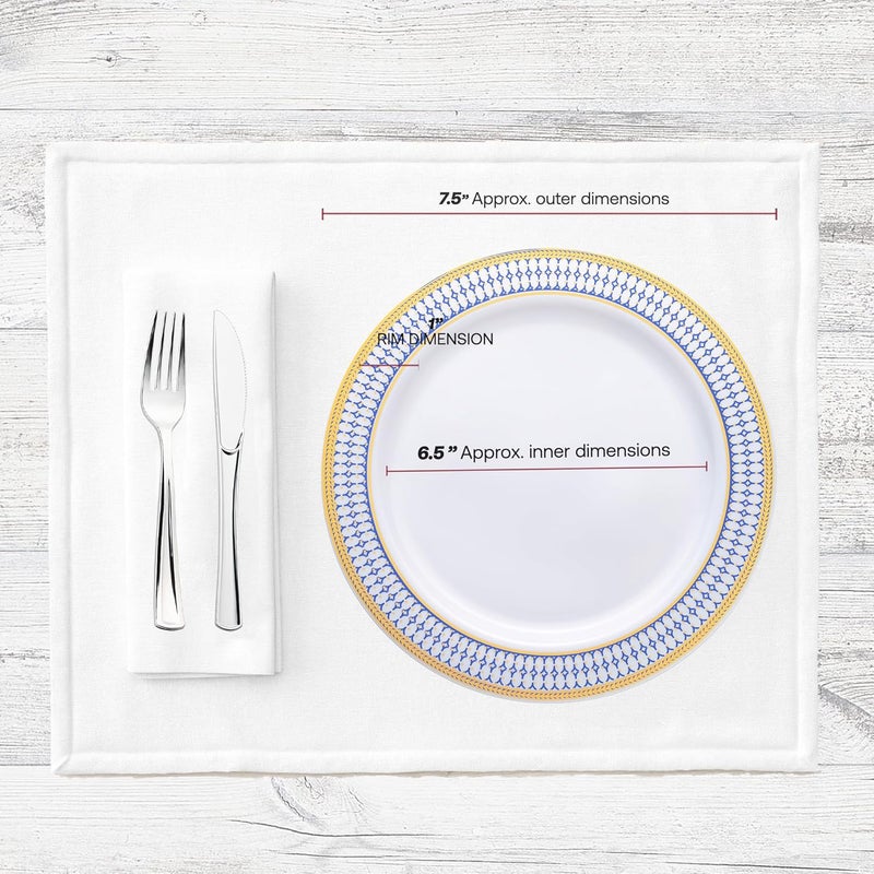 Smarty Had A Party 120 White with Blue and Gold Chord Rim 75 Plastic Appetizer Salad Plates Gold Rimmed Dessert Plates for Party and Wedding Use - Image 3