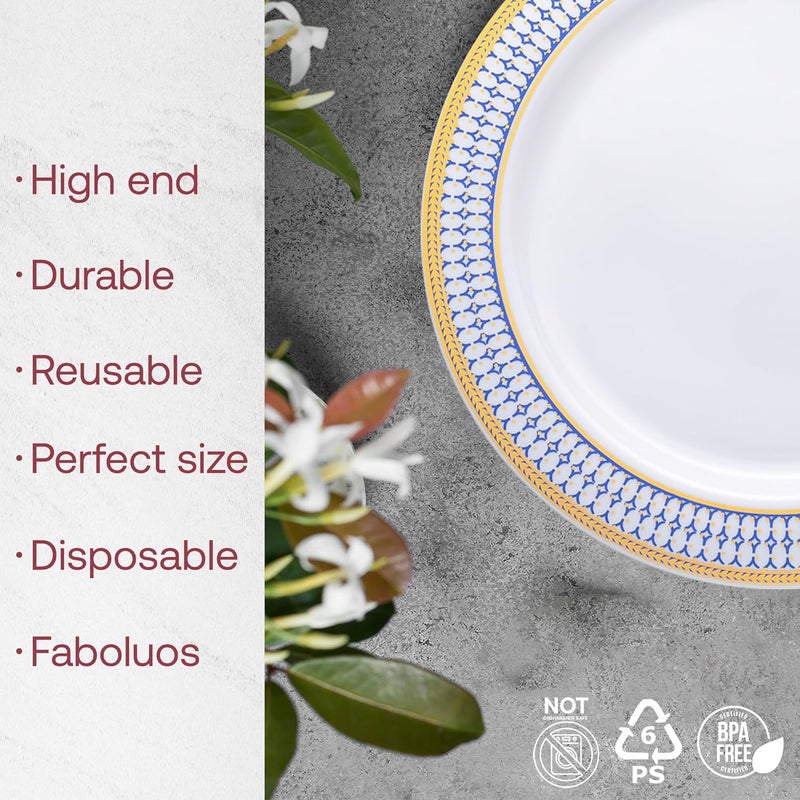 Smarty Had A Party 120 White with Blue and Gold Chord Rim 75 Plastic Appetizer Salad Plates Gold Rimmed Dessert Plates for Party and Wedding Use - Image 2
