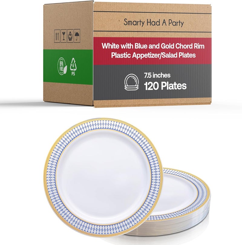 Smarty Had A Party 120 White with Blue and Gold Chord Rim 75 Plastic Appetizer Salad Plates Gold Rimmed Dessert Plates for Party and Wedding Use - Image 1