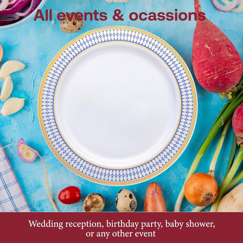 Smarty Had A Party 120 White with Blue and Gold Chord Rim 75 Plastic Appetizer Salad Plates Gold Rimmed Dessert Plates for Party and Wedding Use - Image 4