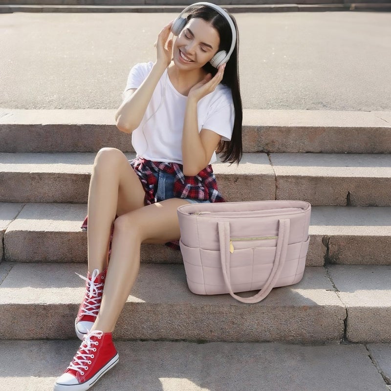 ELONGRIVER Large Tote Bag for Women Lightweight, Quilted Womens Work Shoulder Bag Cute Handbags for Women Pink - Image 2