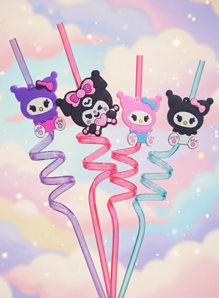 عالم الفخامة مصاصات شرب بلاستيكية حلزونية مزينة بشخصيات Kuromi - مجموعة 4 قطع ملونة - Image 1