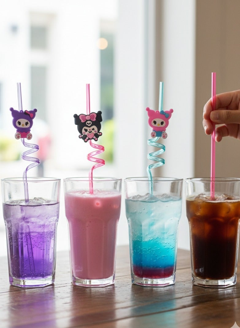 عالم الفخامة مصاصات شرب بلاستيكية حلزونية مزينة بشخصيات Kuromi - مجموعة 4 قطع ملونة - Image 2