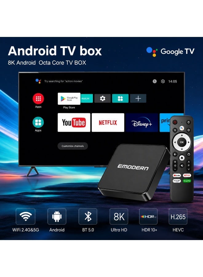 جهاز Emodern Google TV Box – تحكم صوتي كامل، بث HD، تطبيقات مدمجة واشتراك لمدة شهر واحد - Image 2