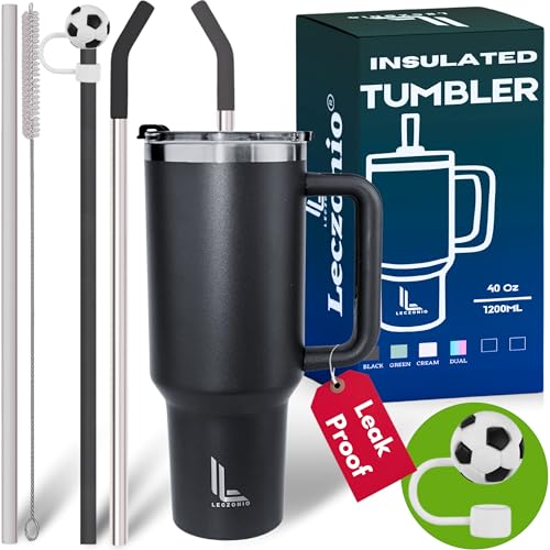 Leczonio 1200ML Tumbler with lid and Straw | Water Sipper for Adults Insulated Cup Reusable Stainless Steel Water Bottle Travel Mug Cupholder Friendly | Gifts for Women Men Him (Black Stone, 1200 ML) - Image 1