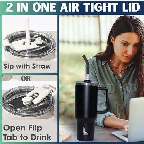 Leczonio 1200ML Tumbler with lid and Straw | Water Sipper for Adults Insulated Cup Reusable Stainless Steel Water Bottle Travel Mug Cupholder Friendly | Gifts for Women Men Him (Black Stone, 1200 ML) - Image 2