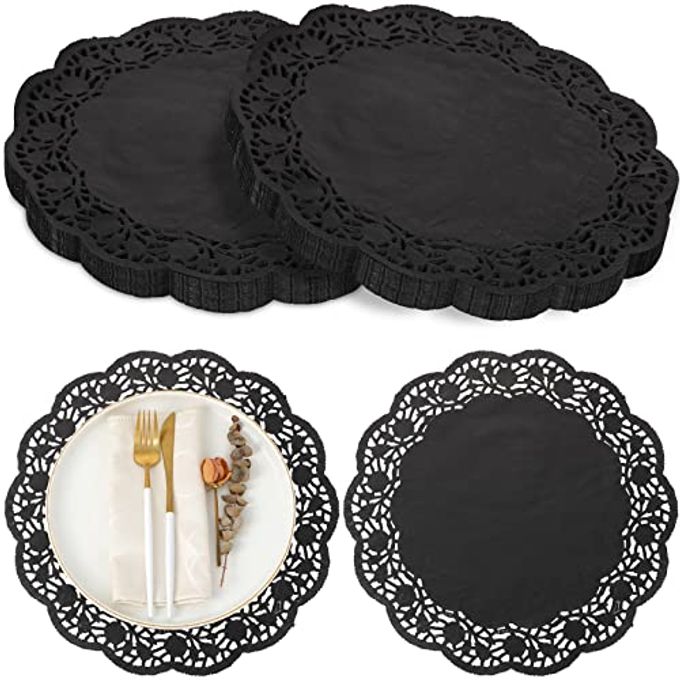 Yexiya 200 Pcs Doilies Lace Paper Doilies 14 Inches Disposable Foil Lace Placemats Large Round Paper Pad Placemats for Cakes Crafts Wedding Birthday Party Decoration(Black)