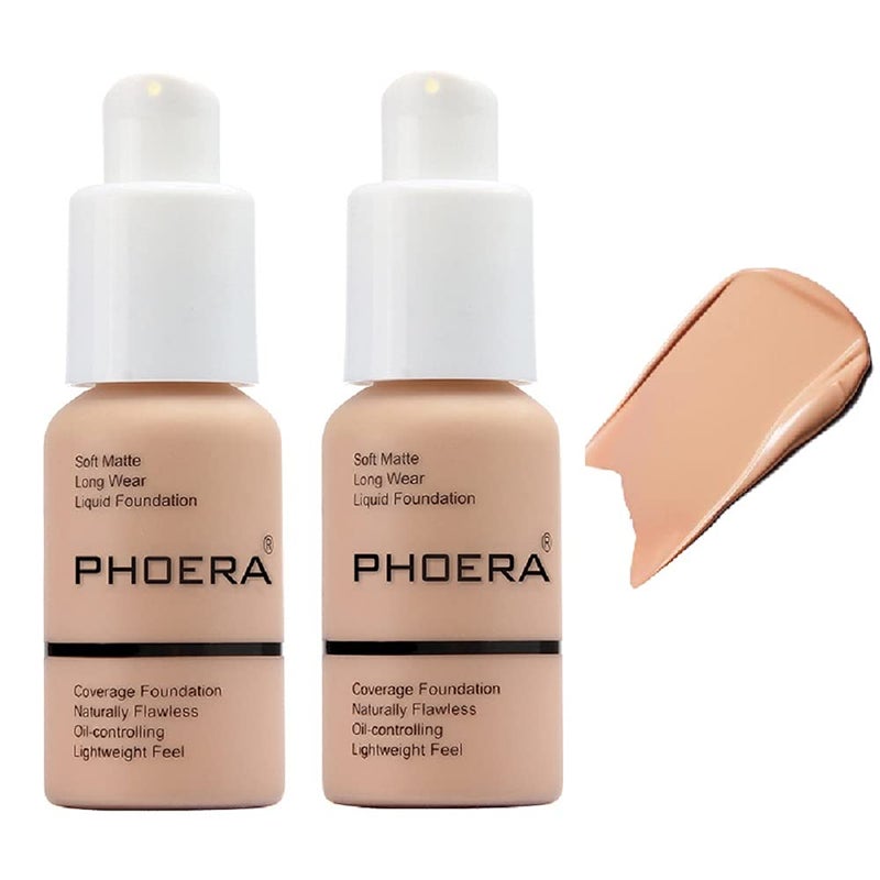 2 PACK PHOERA FoundationFlawless Soft Matte Liquid Foundation 24 HR Oil Control Concealer Foundation MakeupFull Coverage Foundation for Women and Girls 103 Warm peach