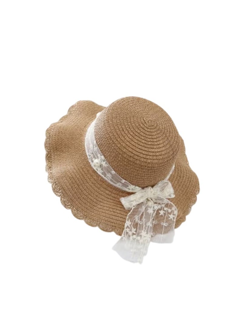 قبعة من القش ذات حافة عريضة مع عقدة فيونكة للبنات، مناسبة للشاطئ والسفر والنزهات، مناسبة للفتيات من عمر 8 إلى 11 عامًا