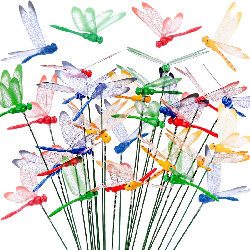 VGOODALL 24PCS Dragonfly Garden Stakes, Plastic Garden Decorations 4 Colors Dragonfly Ornaments for Indoor Outdoor Yard - Image 1