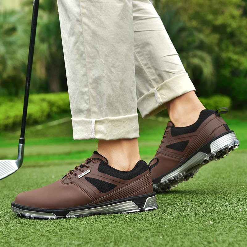 ULTIANT Men's Golf Shoes Fixed Nailless Sole Waterproof Lightweight No-Slip Walking Shoes Size7.5-14(Brown,46) - Image 2