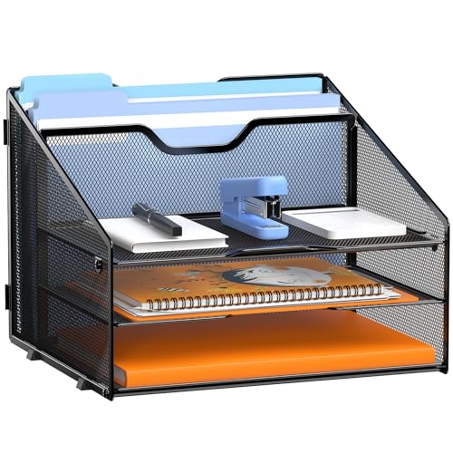 GAWERK Letter Tray Organizer Mesh Desk File Organizer with 3 Paper Trays and 2 Vertical Upright Section Blank - Image 1