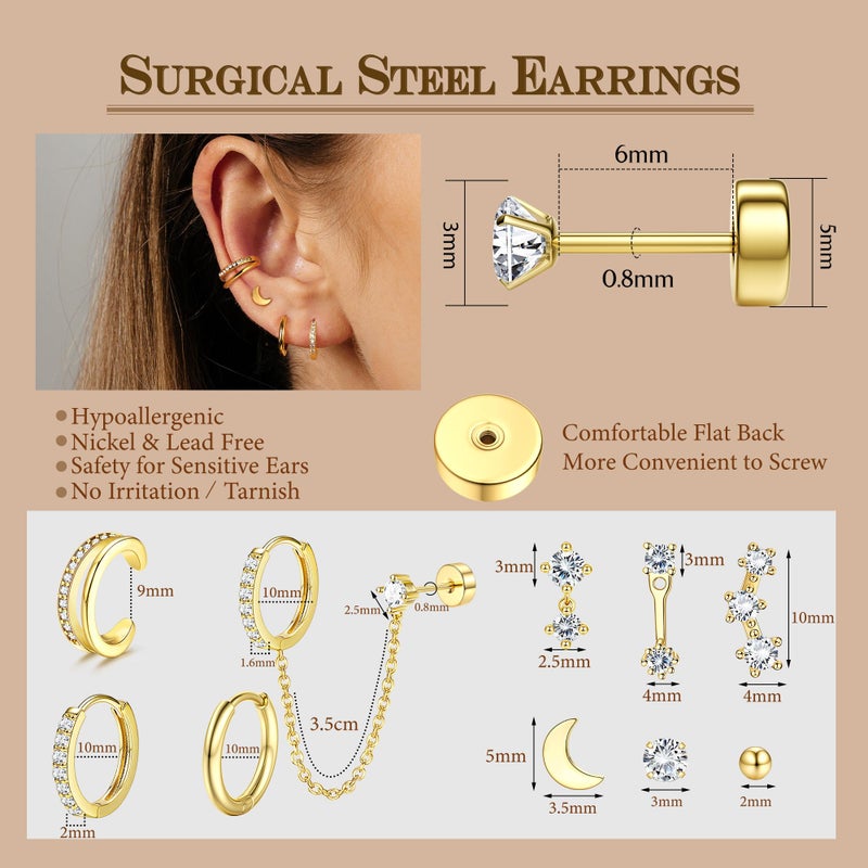 Florideco 14K Gold Plated Earrings for Women Hypoallergenic 20G Surgical Stainless Steel Flat Back Stud Earrings Dainty Stackable Earring Stacks Small Cartilage Earring Sets for Multiple Piercing(G) - Image 4