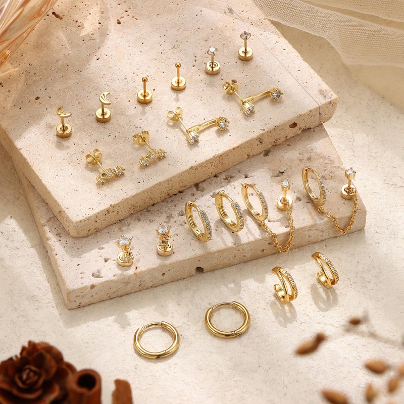 Florideco 14K Gold Plated Earrings for Women Hypoallergenic 20G Surgical Stainless Steel Flat Back Stud Earrings Dainty Stackable Earring Stacks Small Cartilage Earring Sets for Multiple Piercing(G) - Image 5