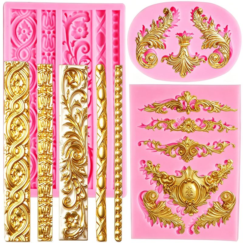 Silicone Fondant Mold: 19*12*1cm Pink Food-Grade Silicone Effortless Release - Intricate Details Preserved 3D Baroque Cake Mold for Home Bakers, Cake Decorating, Craft Projects - Image 1